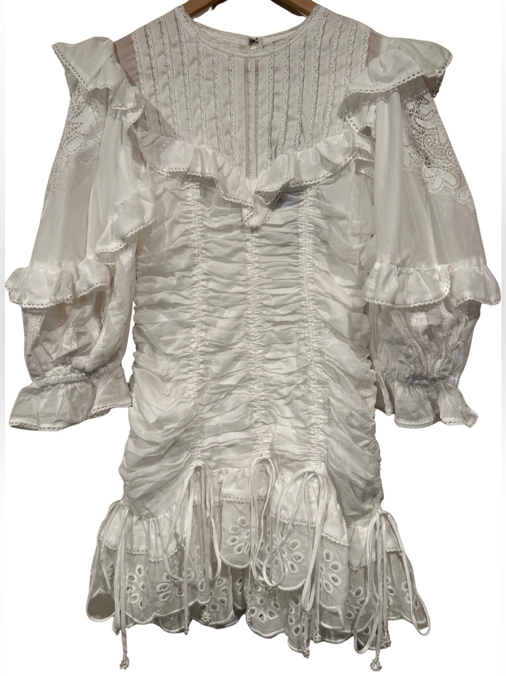 Farm Rio 100% Cotton White Laced Short Sleeve Mini Dress Ruched S Ruffle Eyelet - Picture 6 of 13